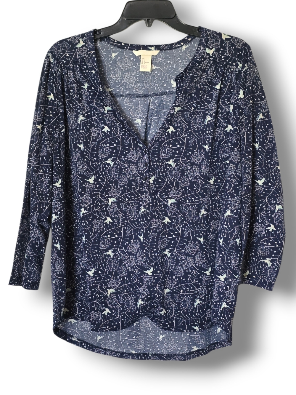 H&M Whimsical Bird Branch Pattern V-Neck Blouse - Size Large